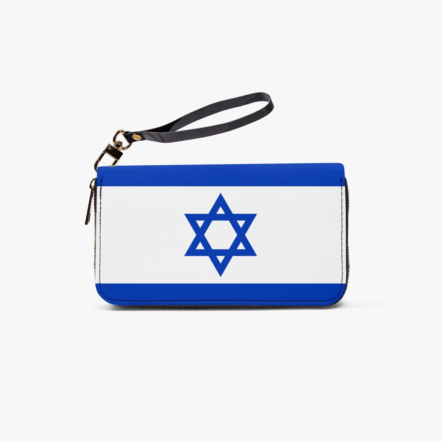 Israeli Flag Leather Strap Zipper Wallet black strap
