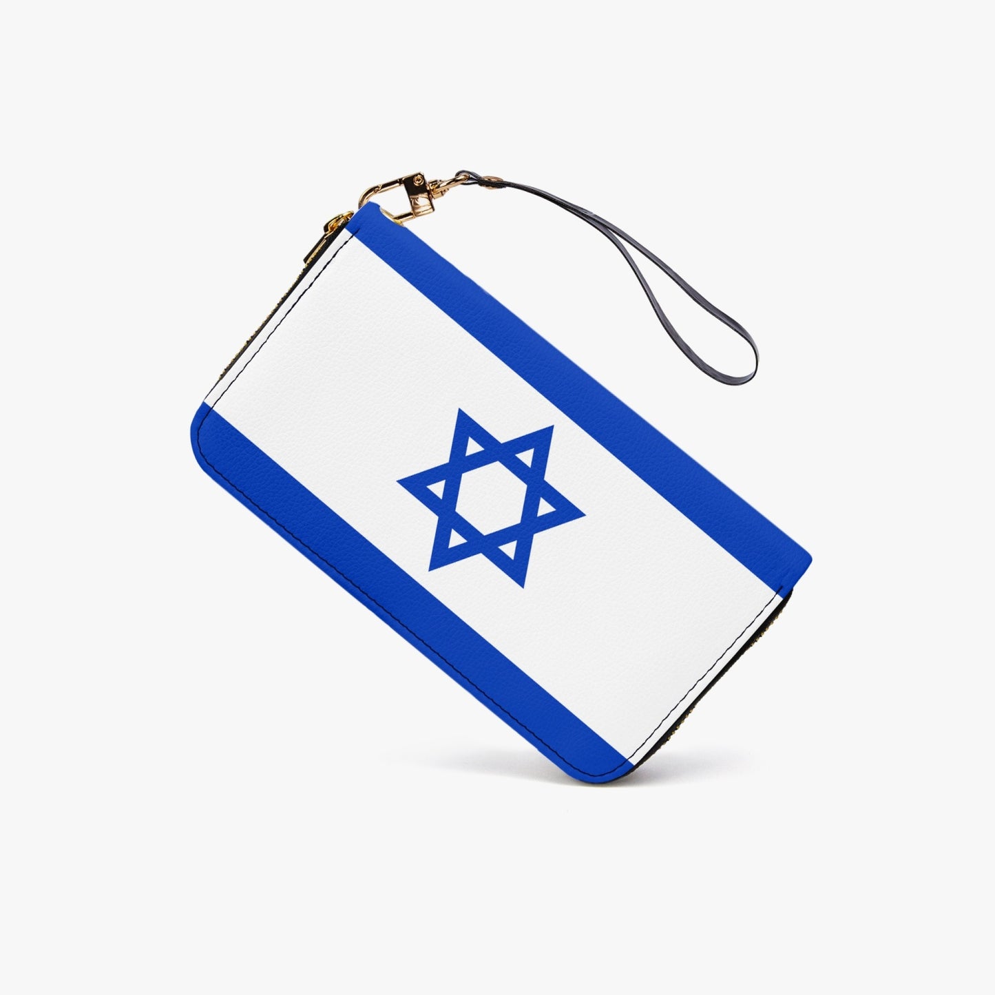 Israeli Flag Leather Strap Zipper Wallet angled