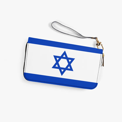 Israeli Flag Leather Strap Zipper Wallet black strap side