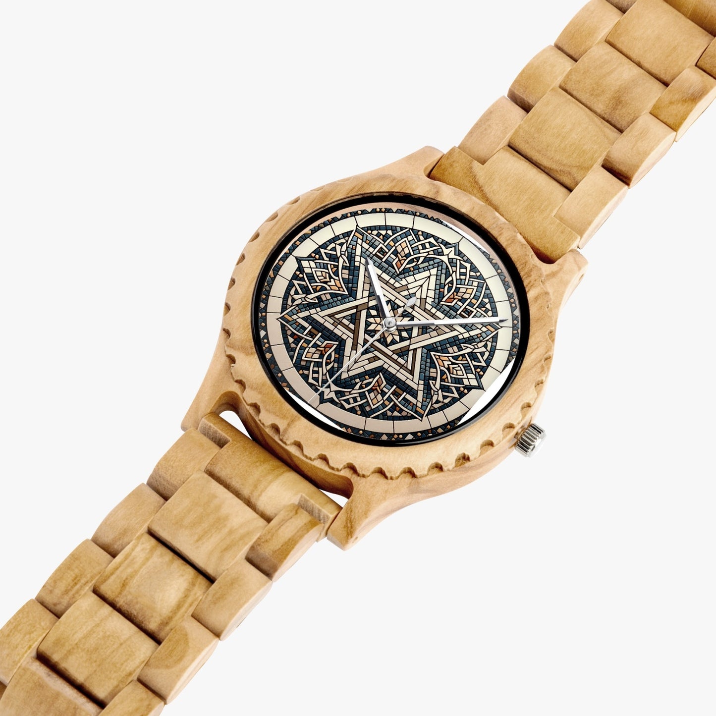 Intricate Star of David Italian Olive Wooden Watch angled