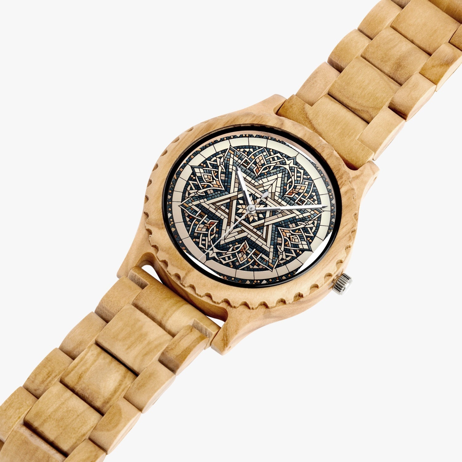 Intricate Star of David Italian Olive Wooden Watch angled