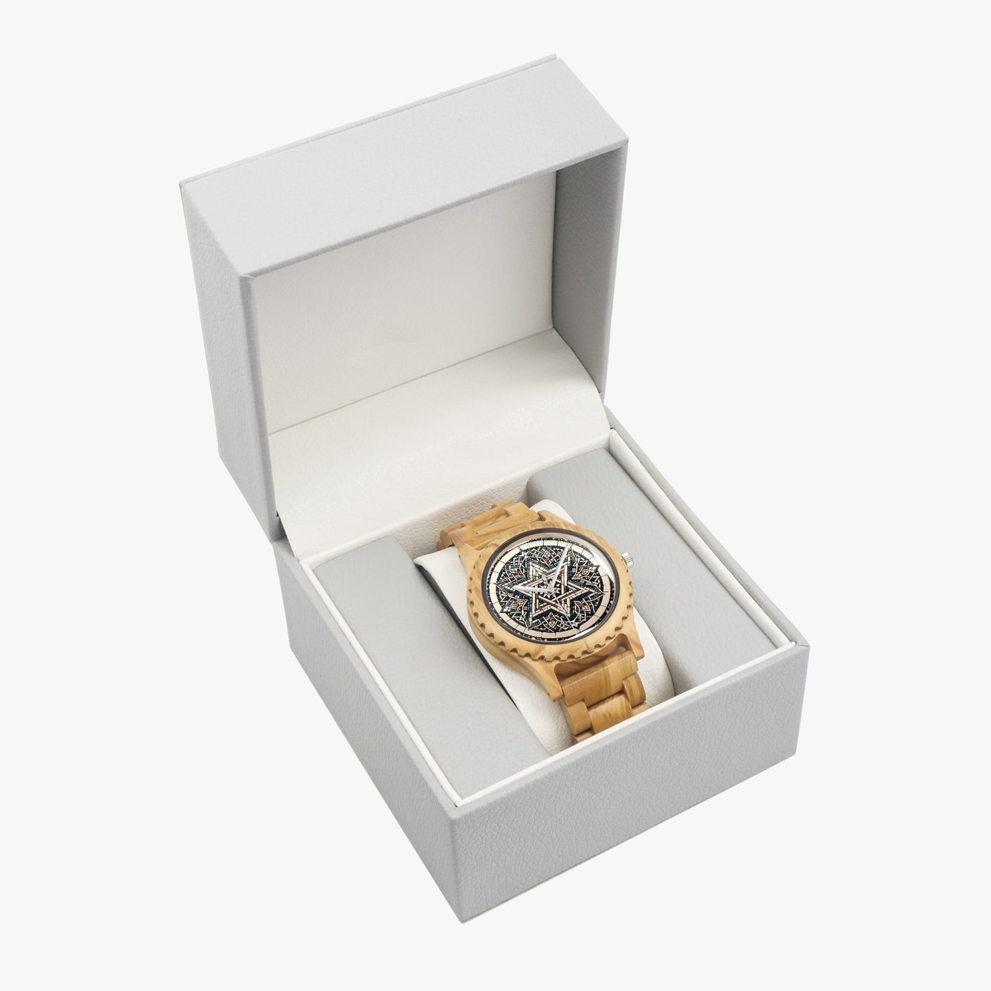 Intricate Star of David Italian Olive Wooden Watch in box