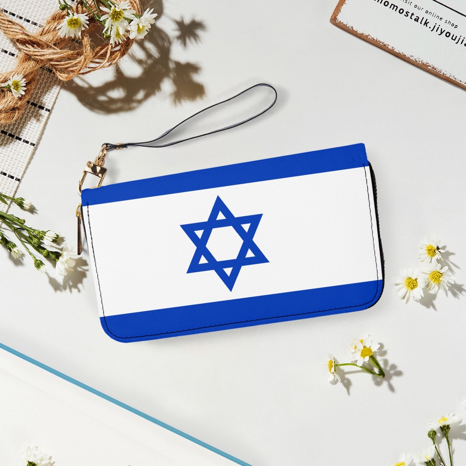 Israeli Flag Leather Strap Zipper Wallet on desk