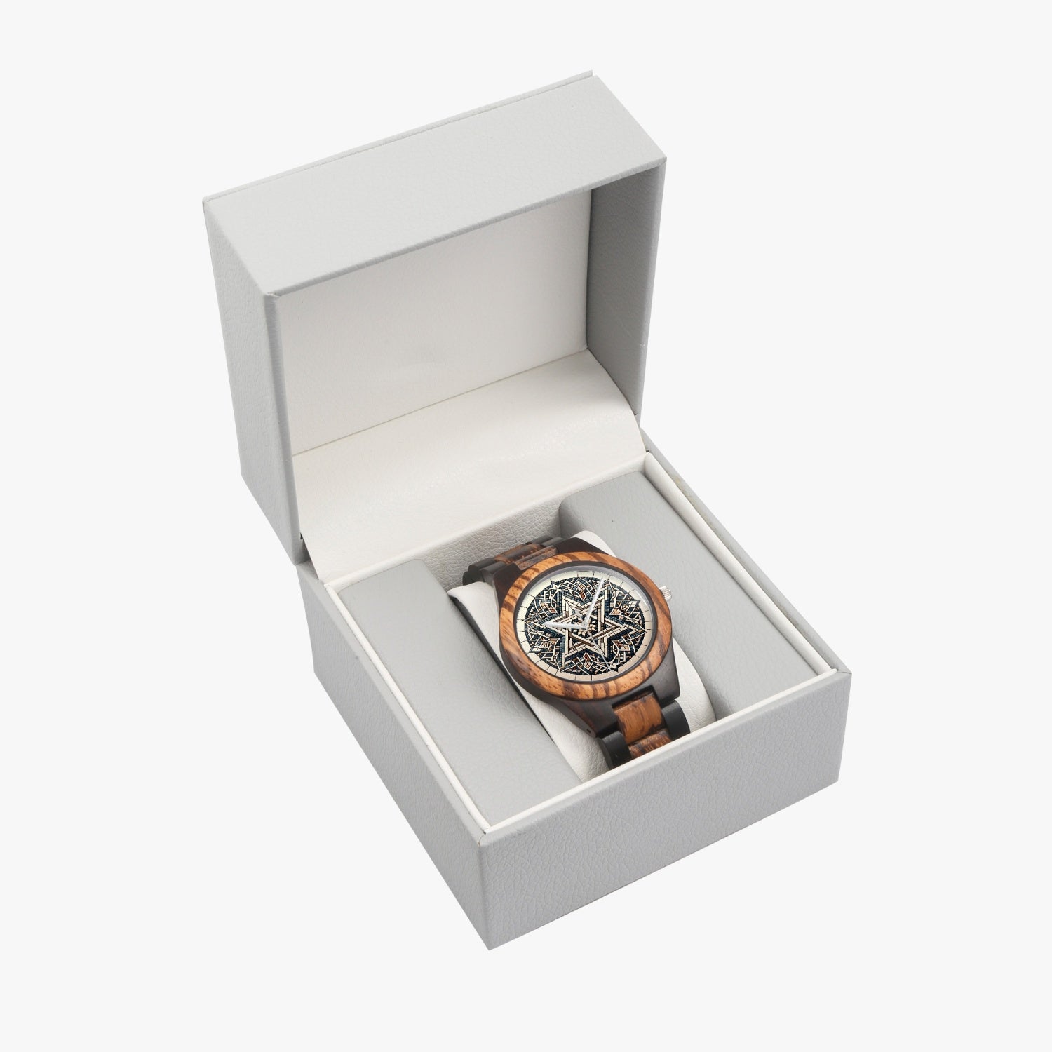 Intricate Star of David Ebony Wooden Watch in box