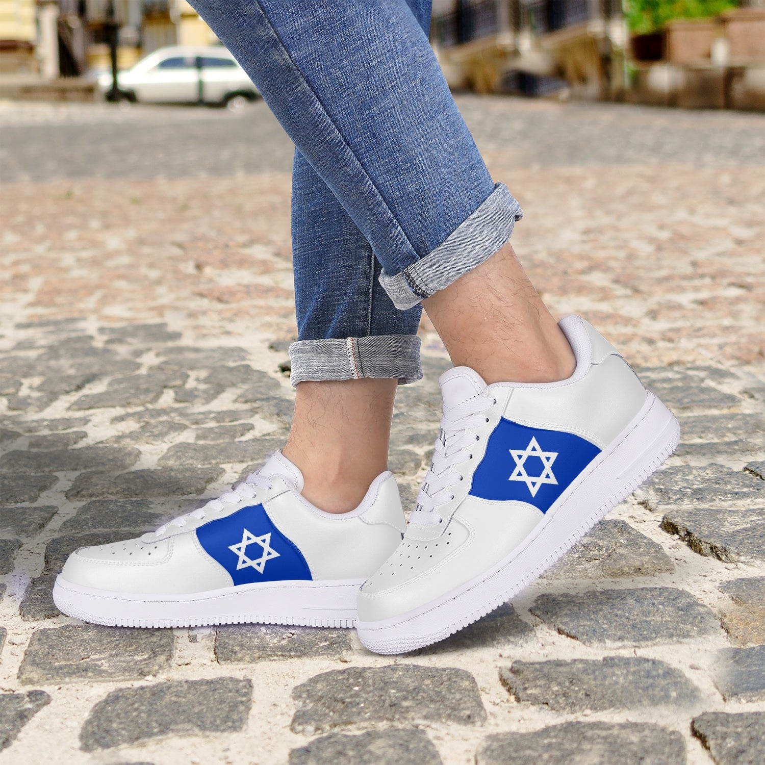 Israeli Flag White Leather Sneakers man wearing