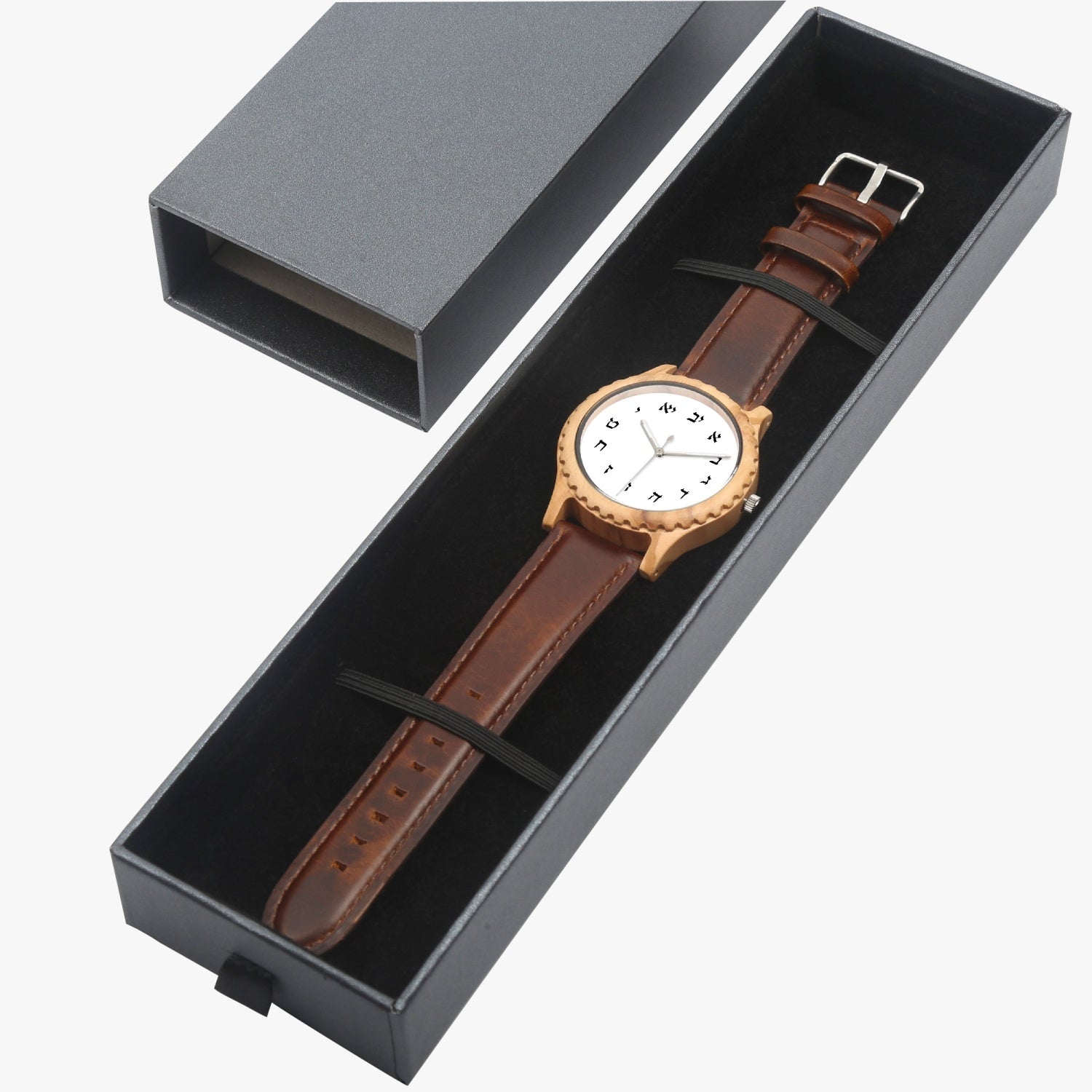 Hebrew Wooden Watch - Brown Leather Strap in box