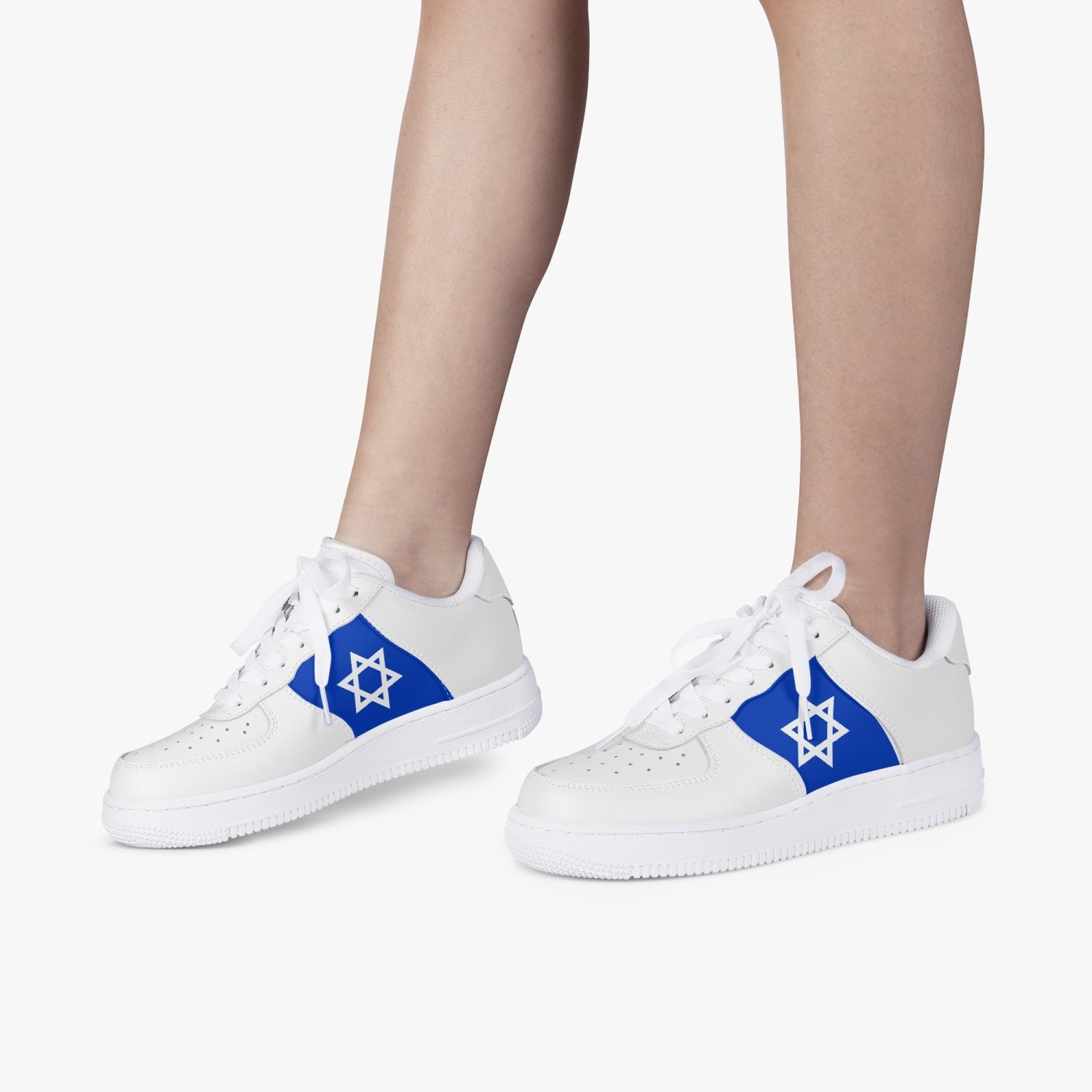 Israeli Flag White Leather Sneakers woman wearing