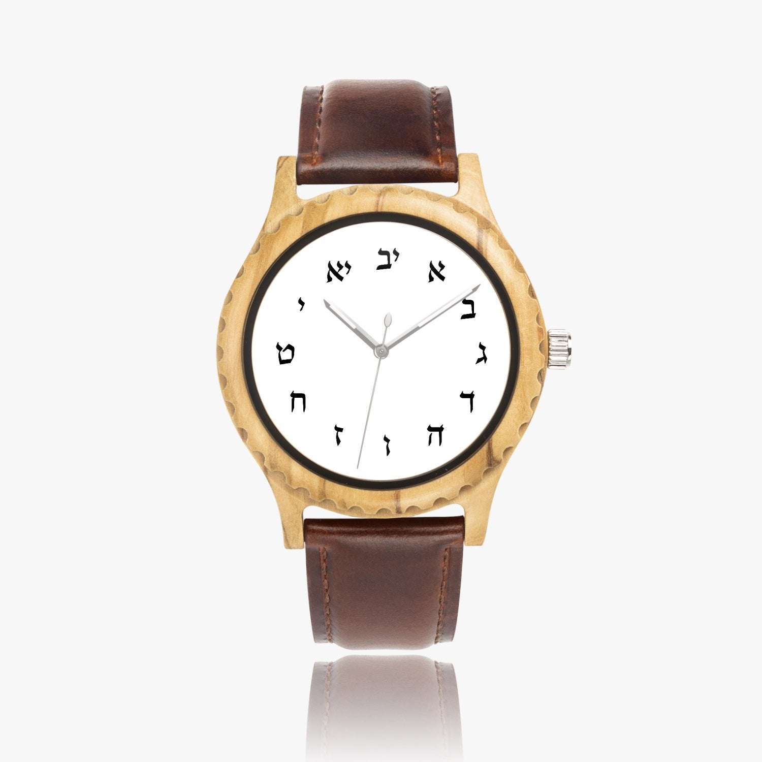 Hebrew Lettered Wooden Watch - Leather Strap