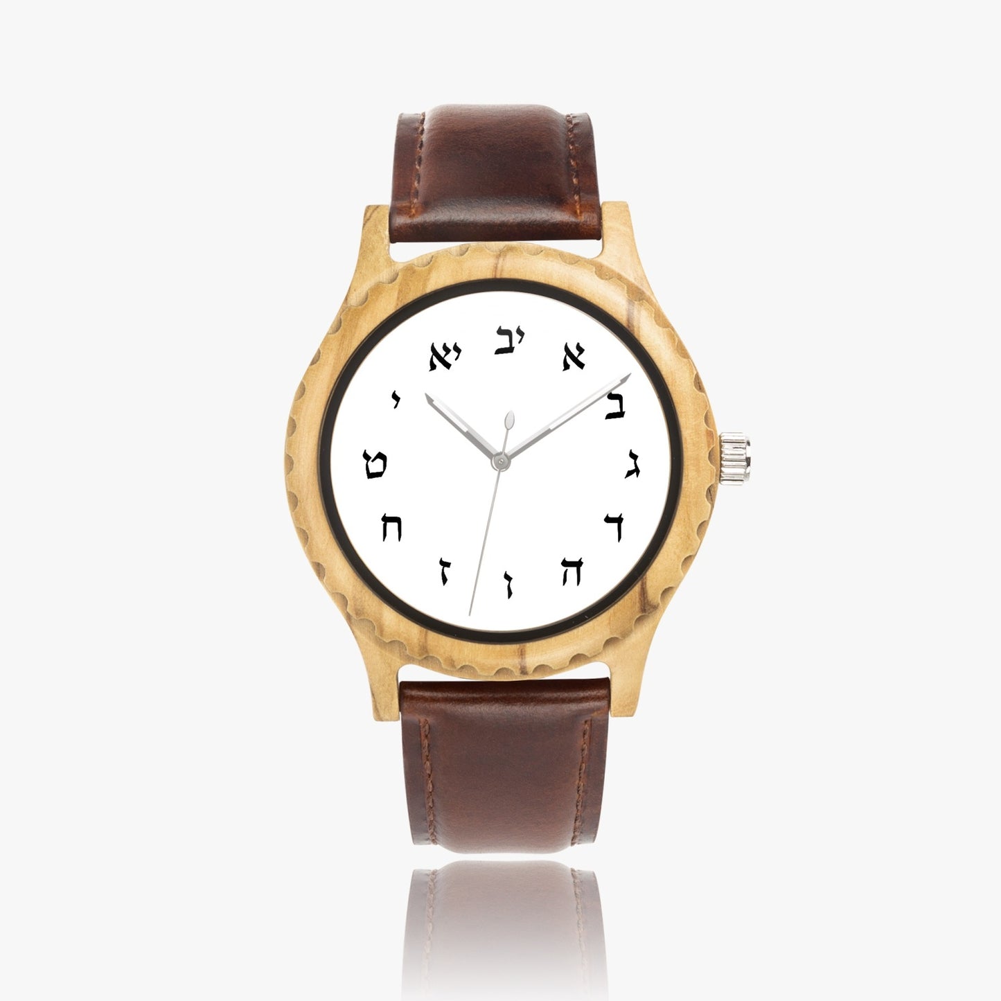 Hebrew Wooden Watch - Brown Leather Strap
