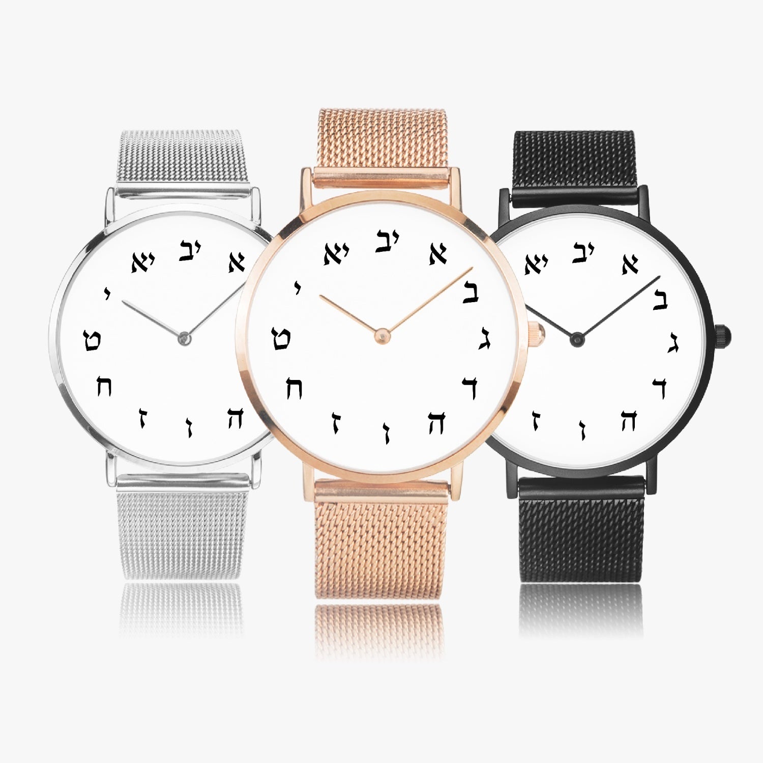 Hebrew Ultra-thin Quartz Watch Rose Gold, Black, Silver.
