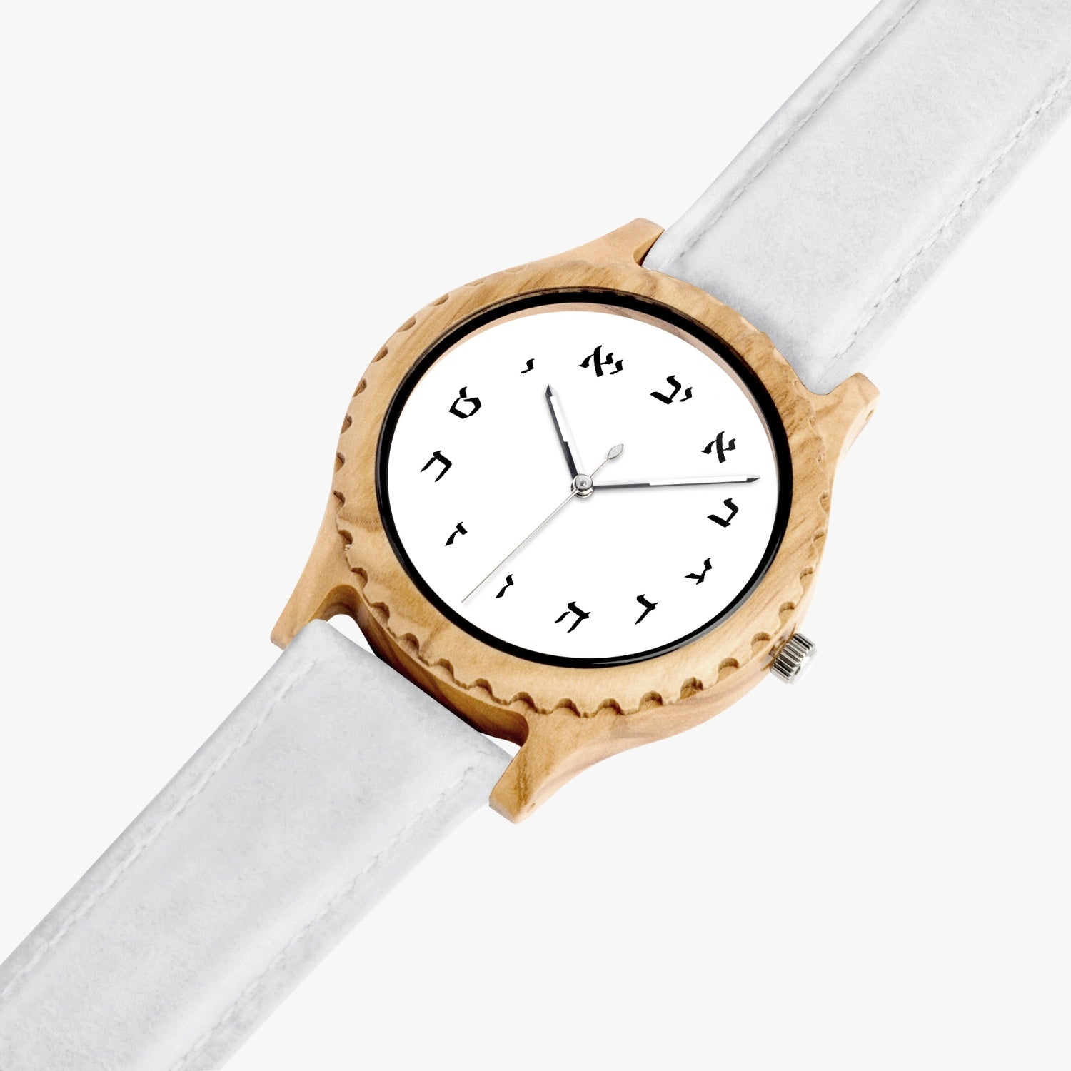 Hebrew Wooden Watch - White Leather Strap  angled