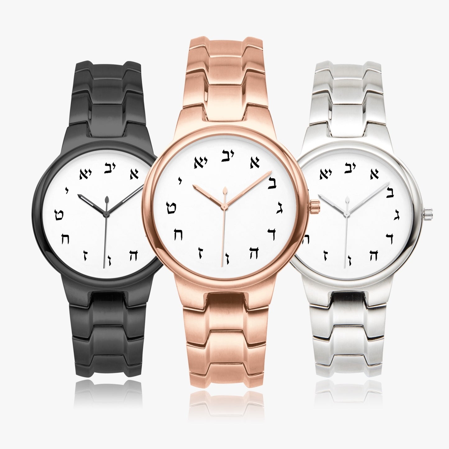 Hebrew Stainless Steel Watch black, pink, silver