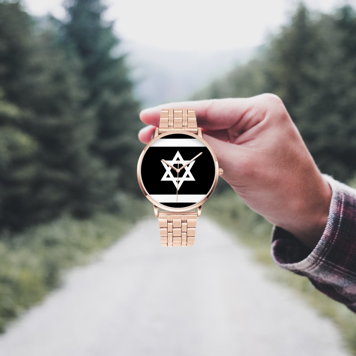 Rose Gold White Flag of Israel Steel Strap watch being held by man