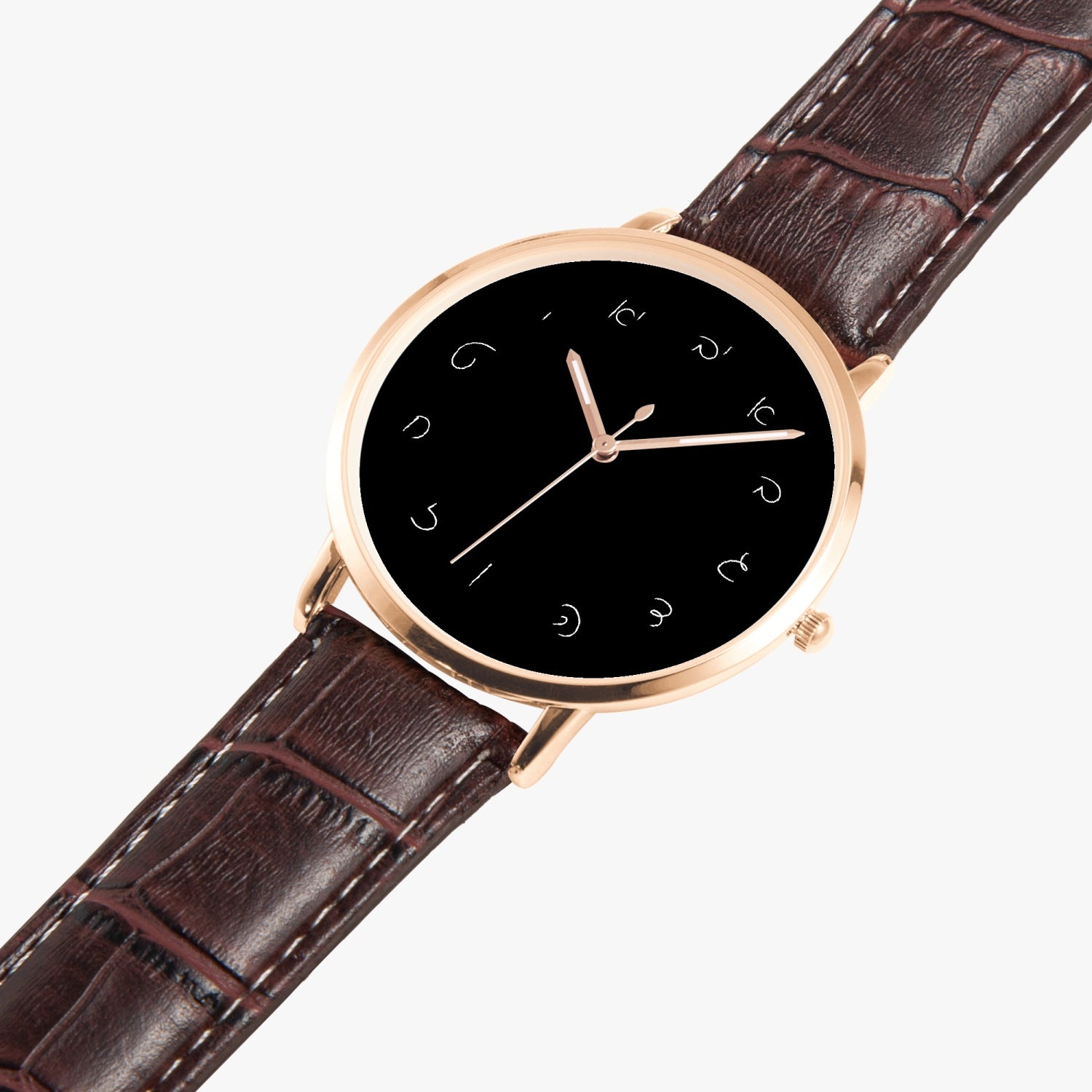 Script-Hebrew Letter Quartz watch rose gold with brown leather strap