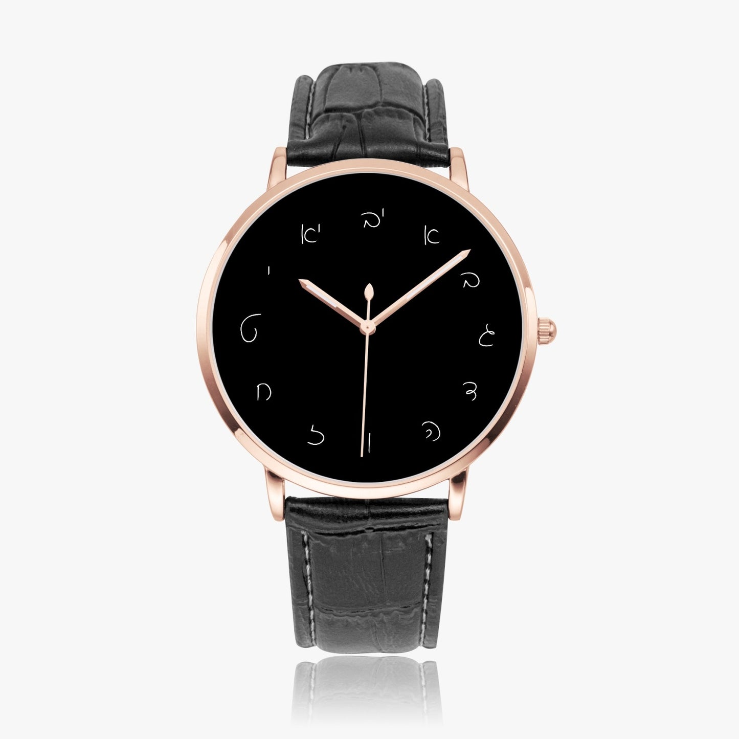 Script-Hebrew Letter Quartz watch black strap rose gold center