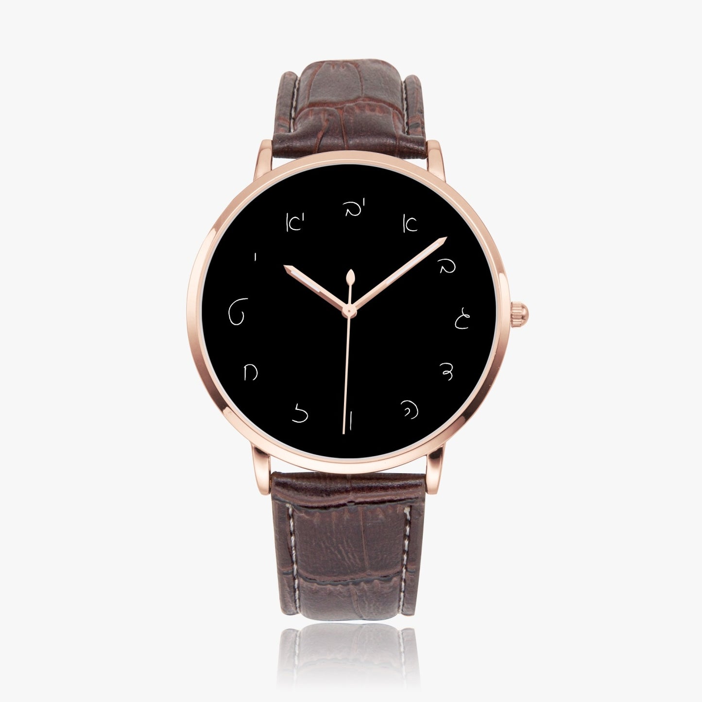 Script-Hebrew Letter Quartz watch rose old brown strap