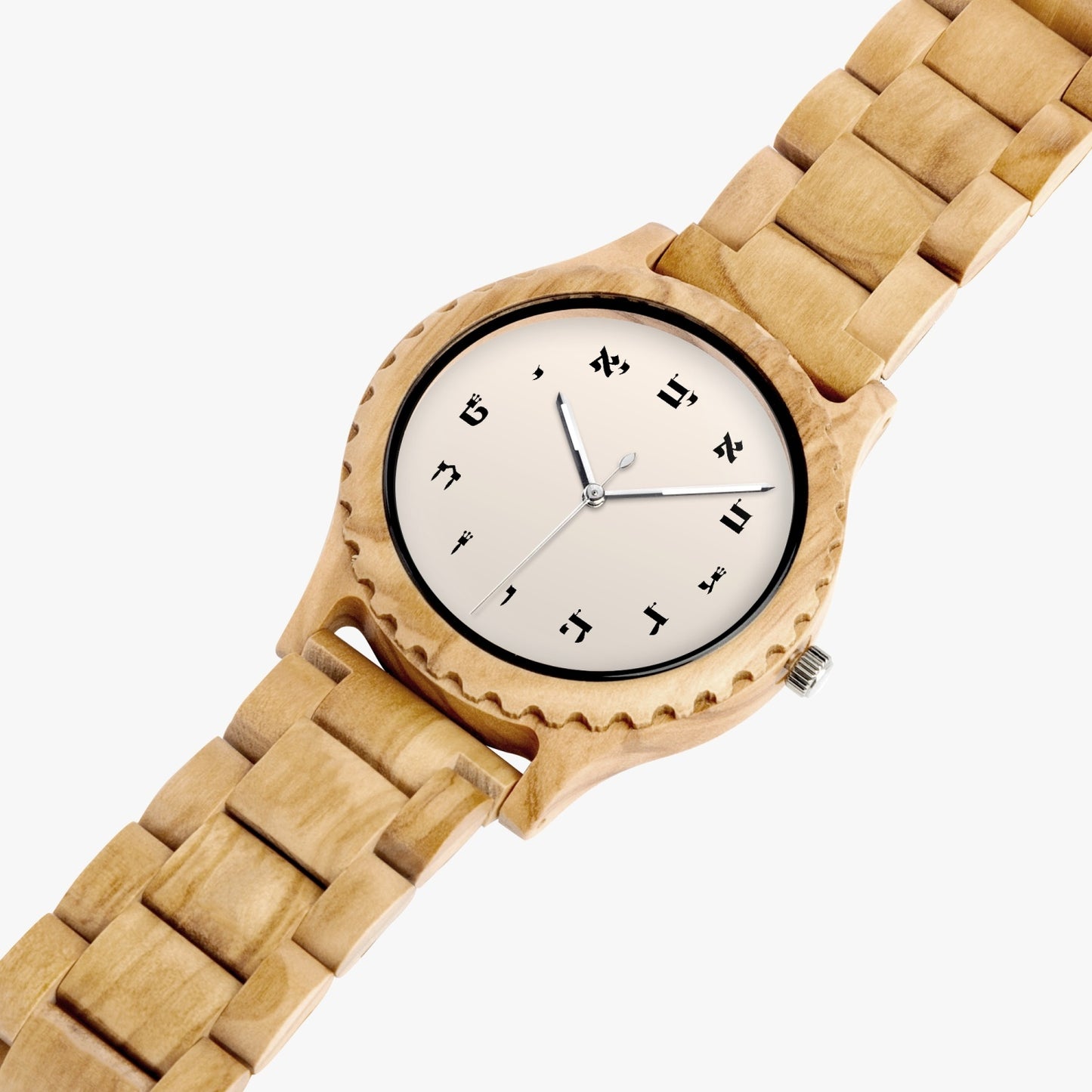 Torah Hebrew Letters Olive Wooden Watch angled