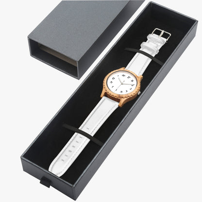 Hebrew Wooden Watch - White Leather Strap