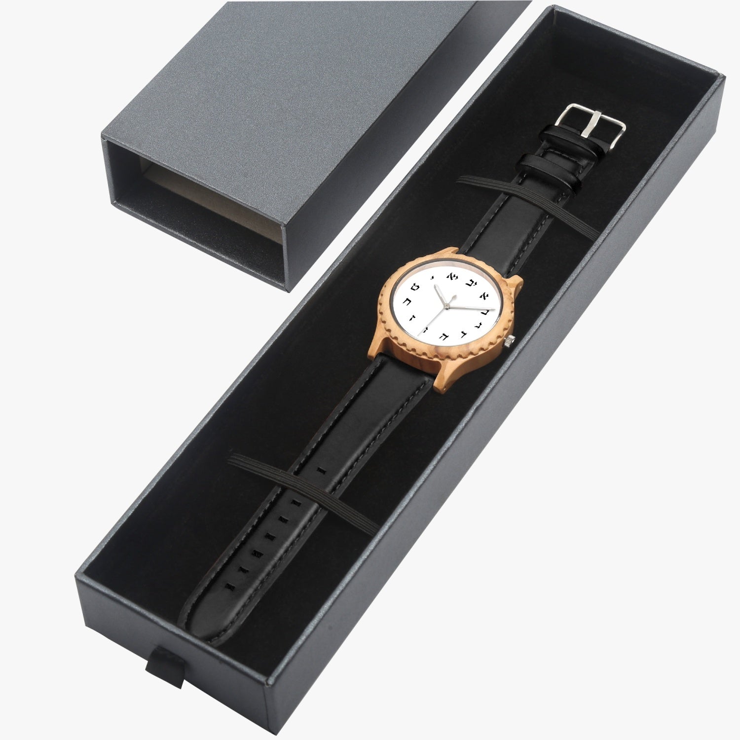Hebrew Wooden Watch - Black Leather Strap in box