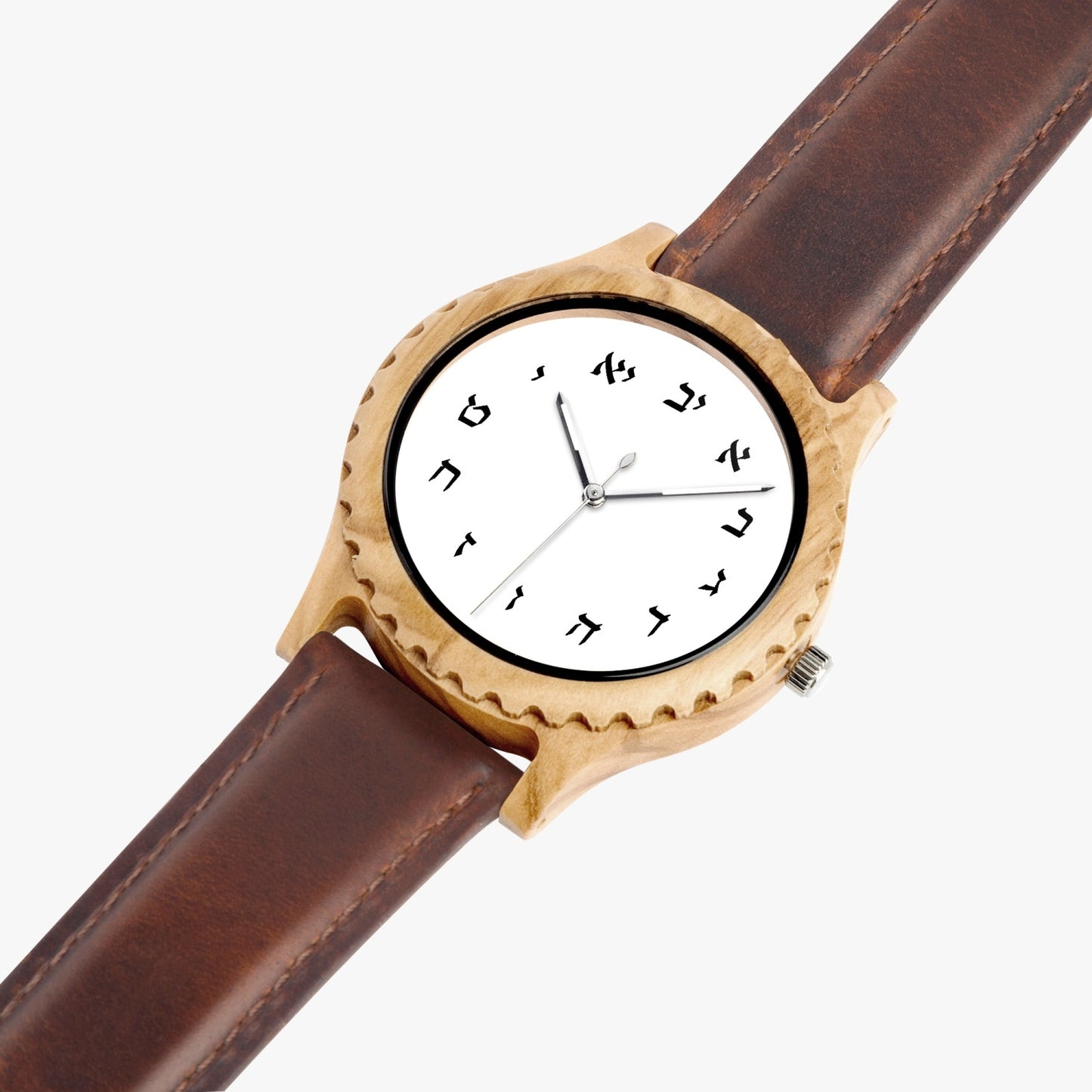 Hebrew Wooden Watch - Brown Leather Strap