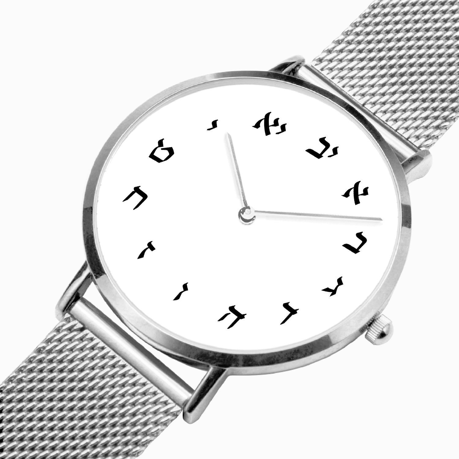 Hebrew Ultra-thin Quartz Watch silver angled