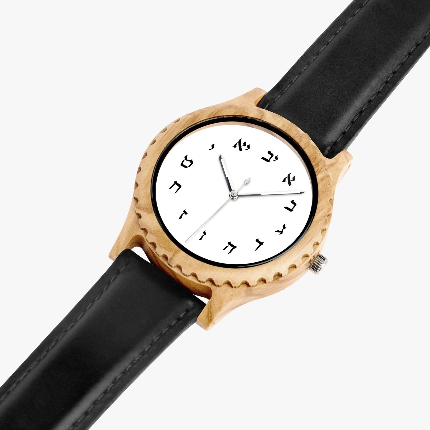 Hebrew Wooden Watch - Black Leather Strap angled