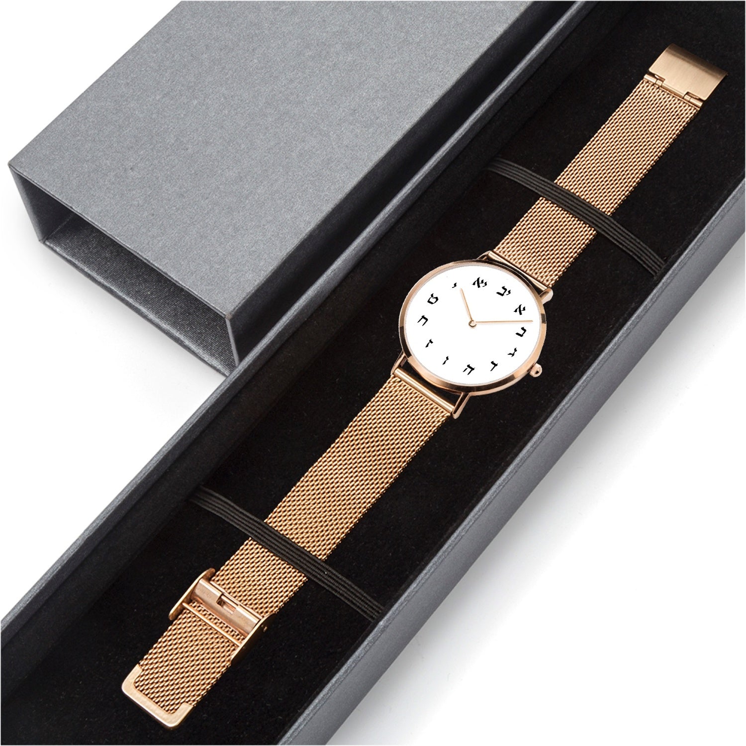 Hebrew Ultra-thin Quartz Watch Rose Gold in box